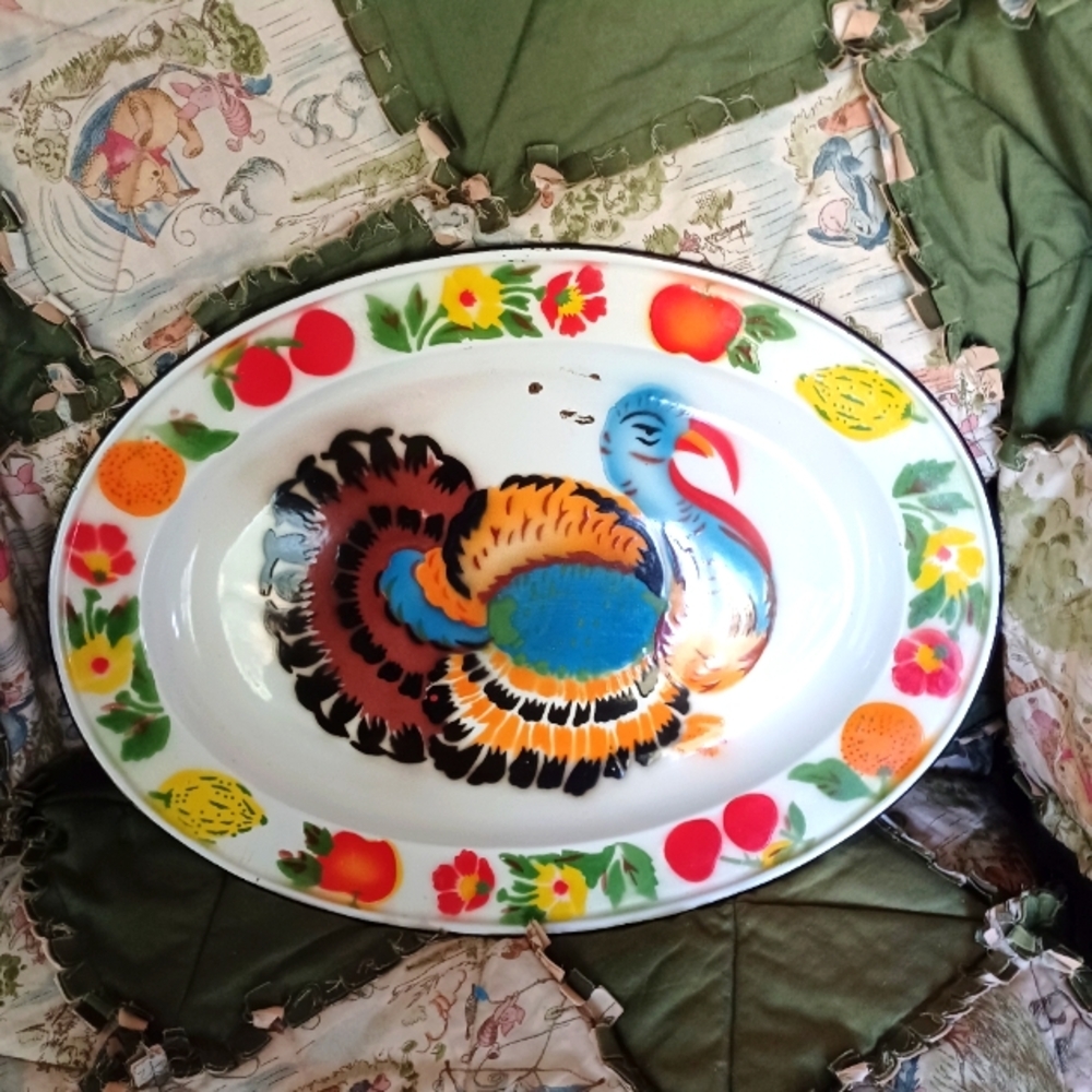 Vintage large enamel turkey tray, serving tray fall decorations